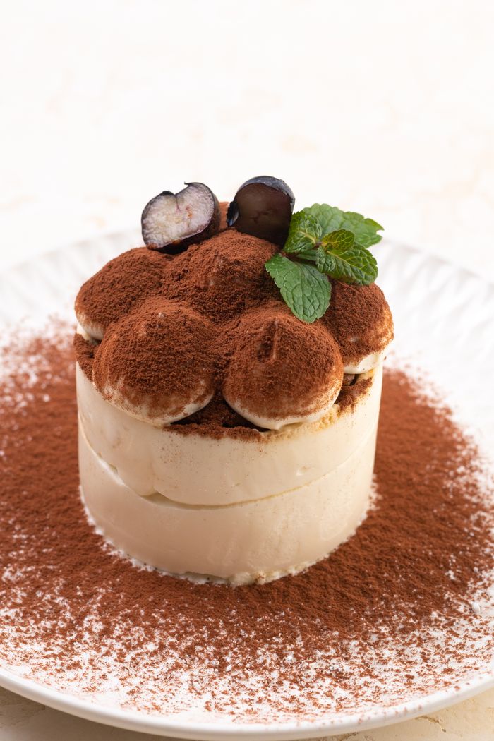 Slice of tiramisu with cocoa dusting
